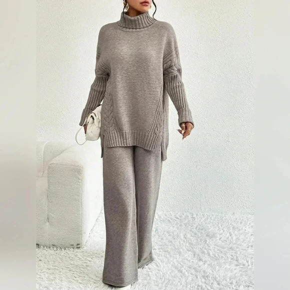 Turtleneck Drop Shoulder Split Hem Sweater & Knit Pants - Picture 4 of 8
